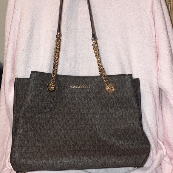 Michael Kors Dark Brown Monogram Shoulder Bag with Gold Accents - Picture 1 of 5